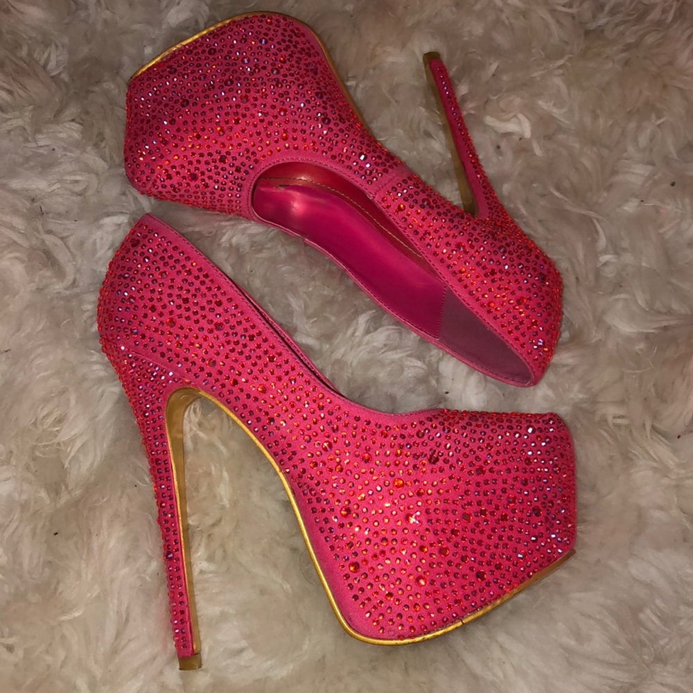 Alba coral rhinestone platform stilettos